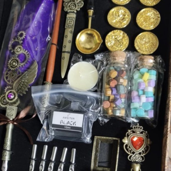 Feather Quill Pen Ink Set Wax Seal Stamp Leather Notebook Calligraphy - Picture 3 of 7